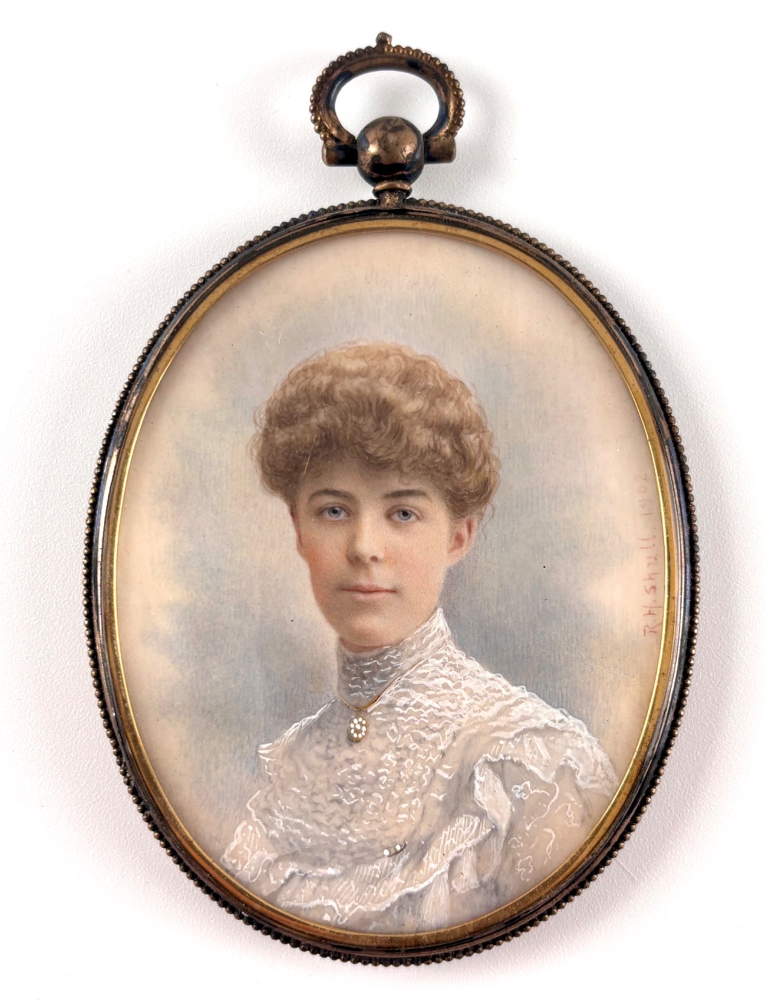 Oval Brass Pendant Miniature Portrait Signed ‘R. H. Shull 1902’ (1 of 11)