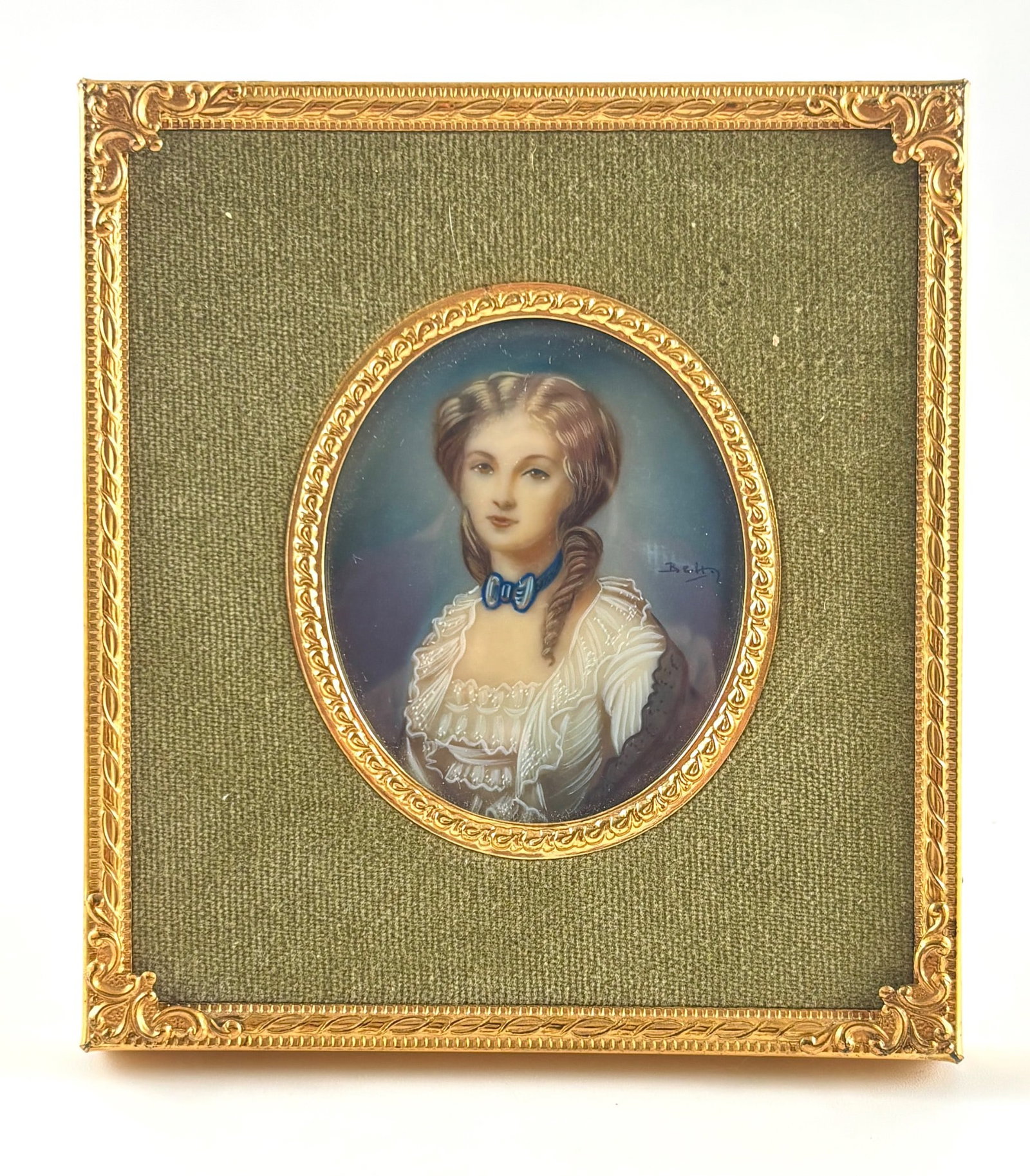 Hand-Painted Miniature Portrait on Porcelain Signed by Bch, Framed (1 of 10)