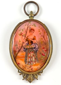 Hand-Painted Porcelain Pendant with Gilt Metal Frame