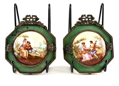 Framed Hand-Painted Porcelain Plaques with Romantic Scenes
