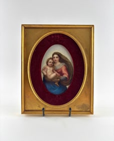 “The Sistine Madonna” Continental Porcelain Plaque in Gilt Frame (KPM Style)