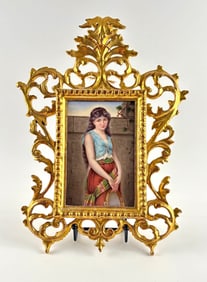 “Mignon” Porcelain Plaque After S. Korn, Germany, in Ornate Gesso Frame