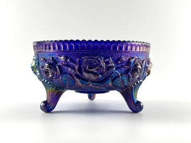 Fenton Carnival Glass Imperial Blue Lustre Three-Toed Rose Bowl