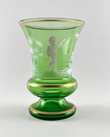 Green Mary Gregory Vase with Hand-Painted Child Motif