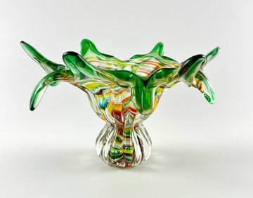 Mid-Century Murano Art Glass Compote with Multicolor Swirl