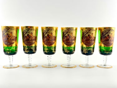 Six Bohemian Gilt and Enamel Green Glass Goblets, Mid-20th Century