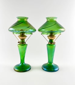 Loetz Green Iridescent Glass Oil Lamps with Swirled Pattern