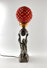 Art Deco Spelter Figural Lamp with Red and Yellow Glass Globe Shade