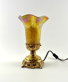 Loetz-Attributed Iridescent Art Glass Lamp with Ornate Gilt Base