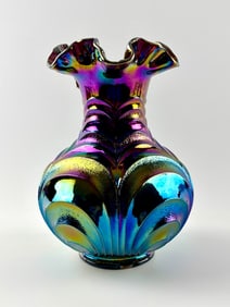 Fenton Carnival Glass ‘Drapery’ Vase in Amethyst with Original Sticker, Circa 1960s