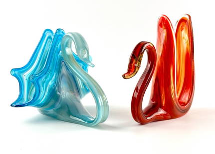 MCM Hand-Blown Art Glass Swan Napkin Holders: Mid-century modern hand-blown art glass swan-shaped napkin holders in red-yellow and blue-white colorways. Features fluid designs with applied details. Both pieces are in overall good condition, showi