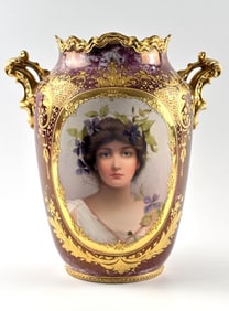 Dresden Royal Vienna Style “Clematis” Porcelain Vase with Gilded Handles