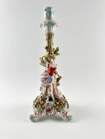 Meissen Porcelain Figural Candlestick with Woman in Pastoral Dress