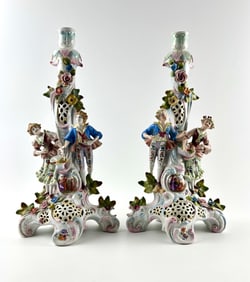 Porcelain Figural Rococo-Style Candlesticks with Floral and Gilded Accents