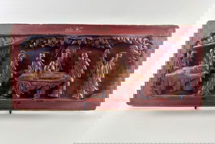 Antique Chinese Carved Gilt and Red Lacquer Wood Panel