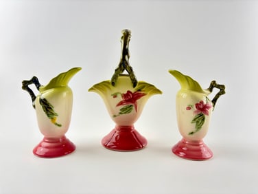 Hull Pottery Woodland Basket and Matching Miniature Pitchers