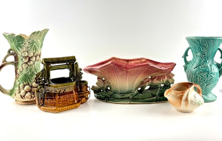 McCoy Pottery Vessels, Including Vases, Pitcher, and Novelty Well