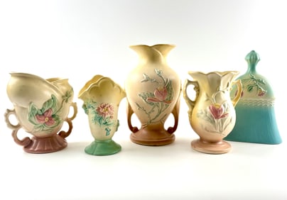 Hull Pottery Vases and Decorative Bell with Floral Relief Designs