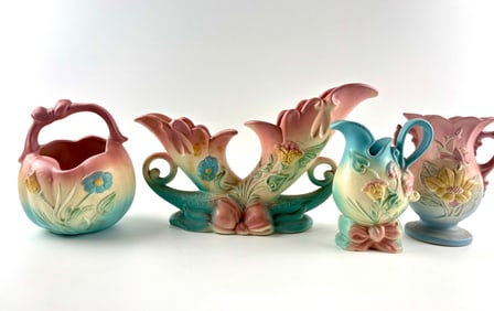 Hull Pottery Pastel-Glazed Floral Vases, Basket, and Pitchers