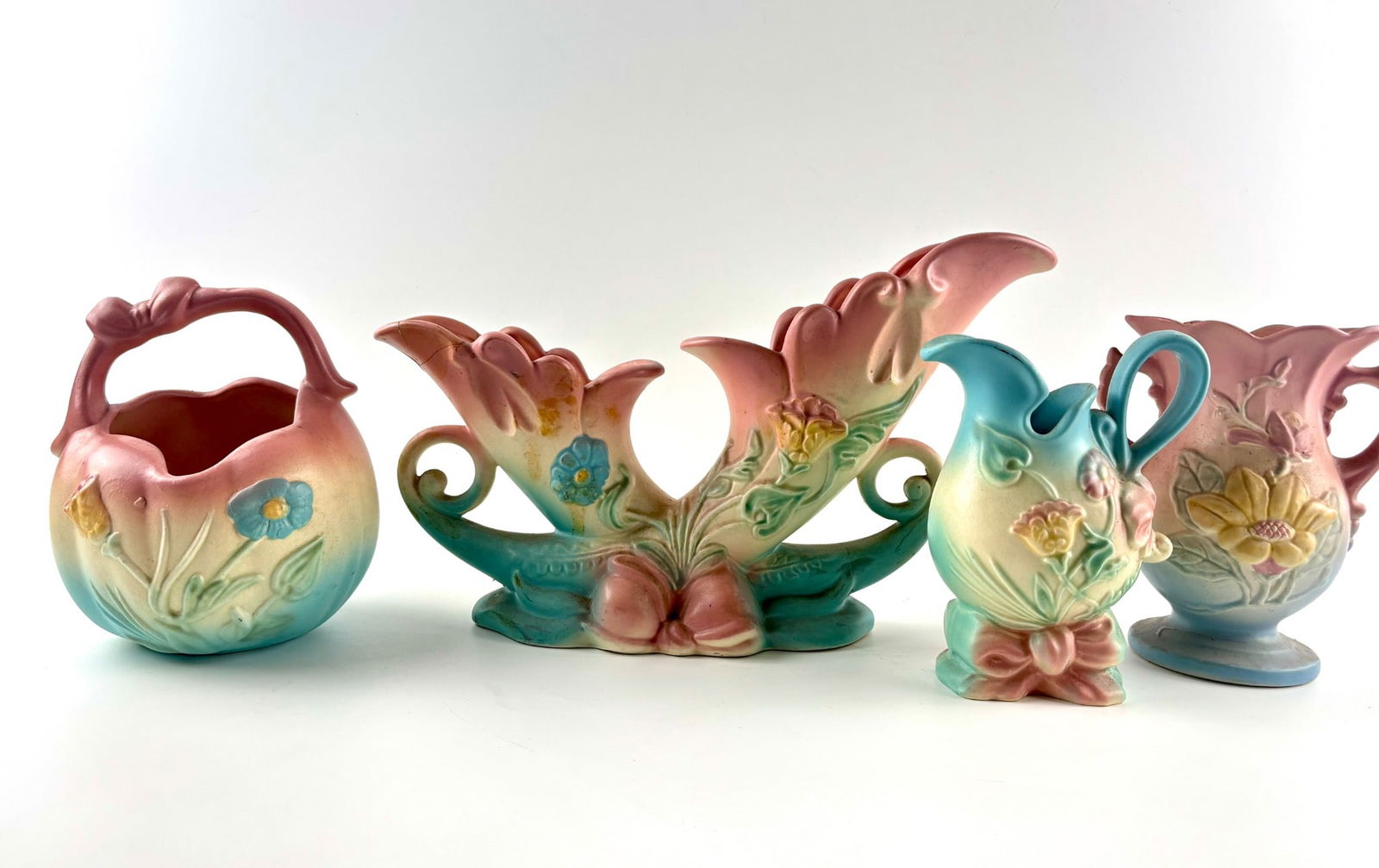 Hull Pottery Pastel-Glazed Floral Vases, Basket, and Pitchers (1 of 9)