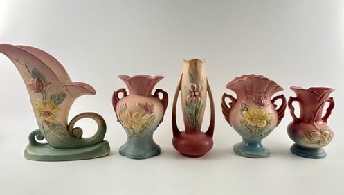 Five Hull Pottery Floral Vases and Cornucopia