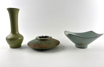 Three Green Ceramic Pieces: Frankoma Bowl and Two Unmarked Vessels
