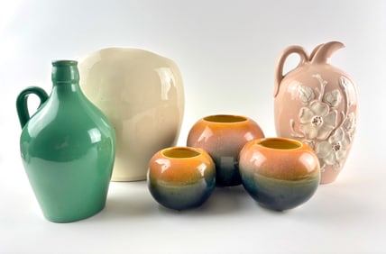 Six Ceramic Vessels Including York Pottery, Roseville, and Hull