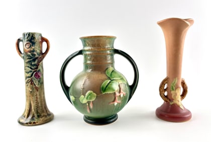 Three-Piece Collection of Roseville and Weller Apple Blossom Pottery Vases