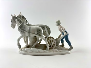 Gerold & Co. Bavaria Porcelain Figurine of Farmer with Plow and Horses