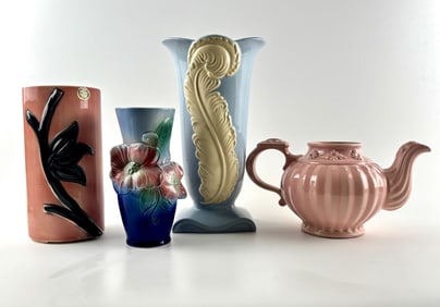 Four Art Pottery Pieces Including Vases and Teapot