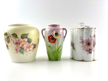 Meridan, Trico, and German Hand-Painted Pottery Vases and Lidded Jar