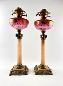 Victorian Pink Glass Oil Lamps with Gilt Decoration (ca 19th Century)