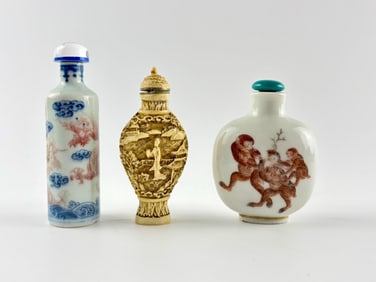 Three Chinese Snuff Bottles: Porcelain and Resin