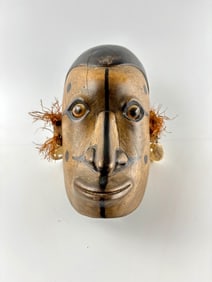 Papua New Guinea Wooden Trophy Head with Fiber and Shell Details