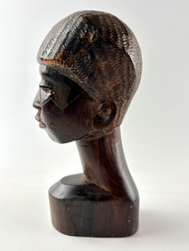 African Hand-Carved Wood Bust with Stylized Facial Features