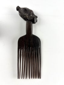 African Hand-Carved Wooden Comb with Female Head Design