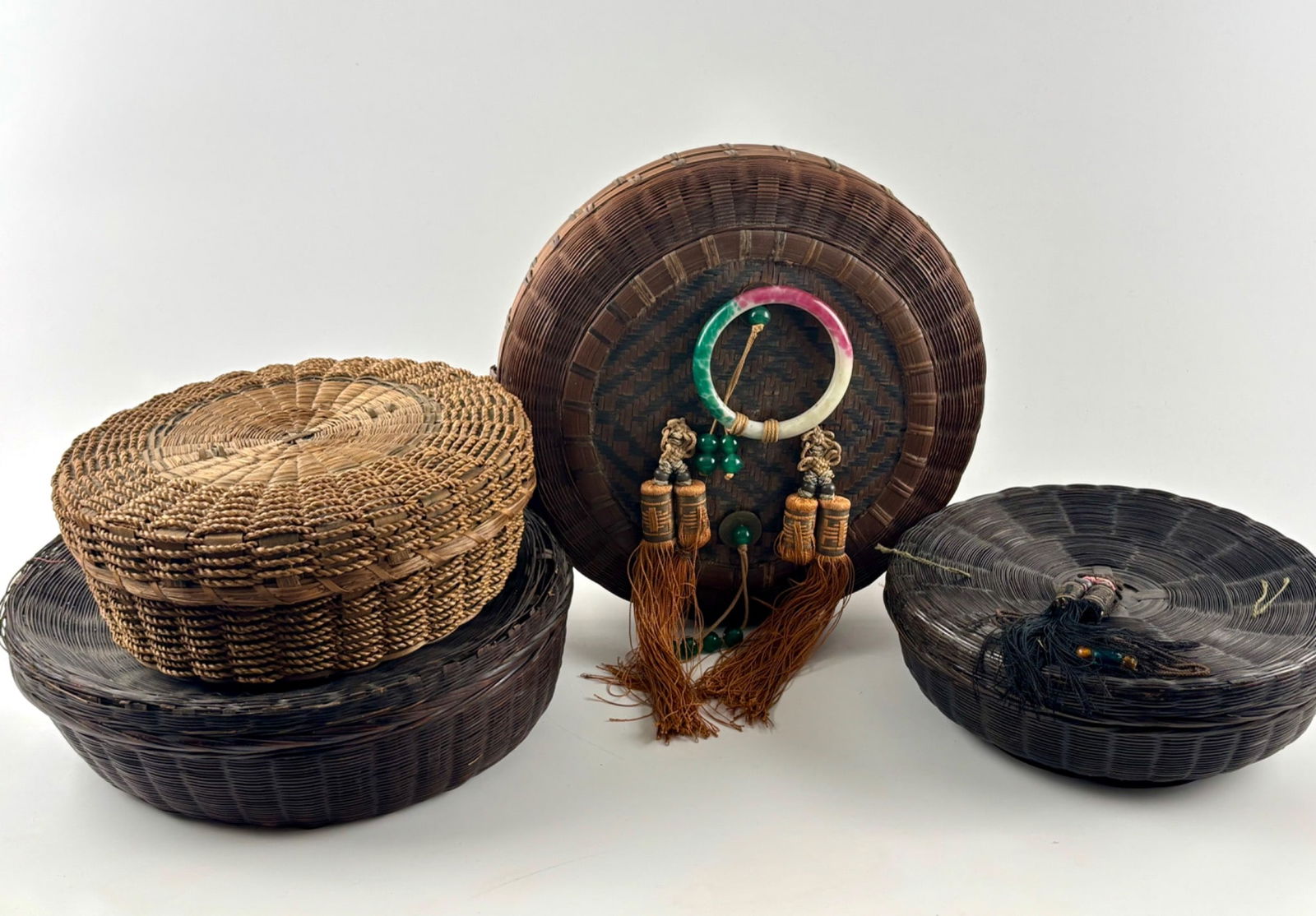 Antique Chinese Wicker Sewing Baskets with Tassels and Beadwork (1 of 12)
