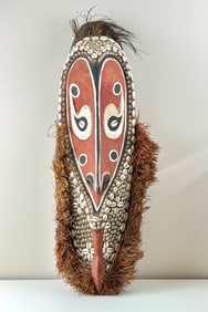 Large Papua New Guinea Ceremonial Mask with Cowrie Shells and Fiber Fringe