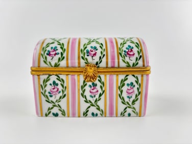 Porcelain Limoges Box With Pink Rose and Gilt Accents