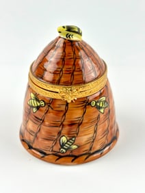 Hand-Painted Limoges Porcelain Beehive Box with Bee Accents