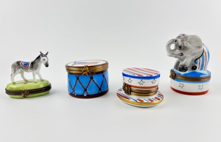 Four Political Limoges Hand-Painted Porcelain Trinket Boxes