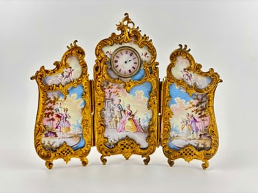 Viennese Miniature Enamel Triptych Clock with Gilt Frame