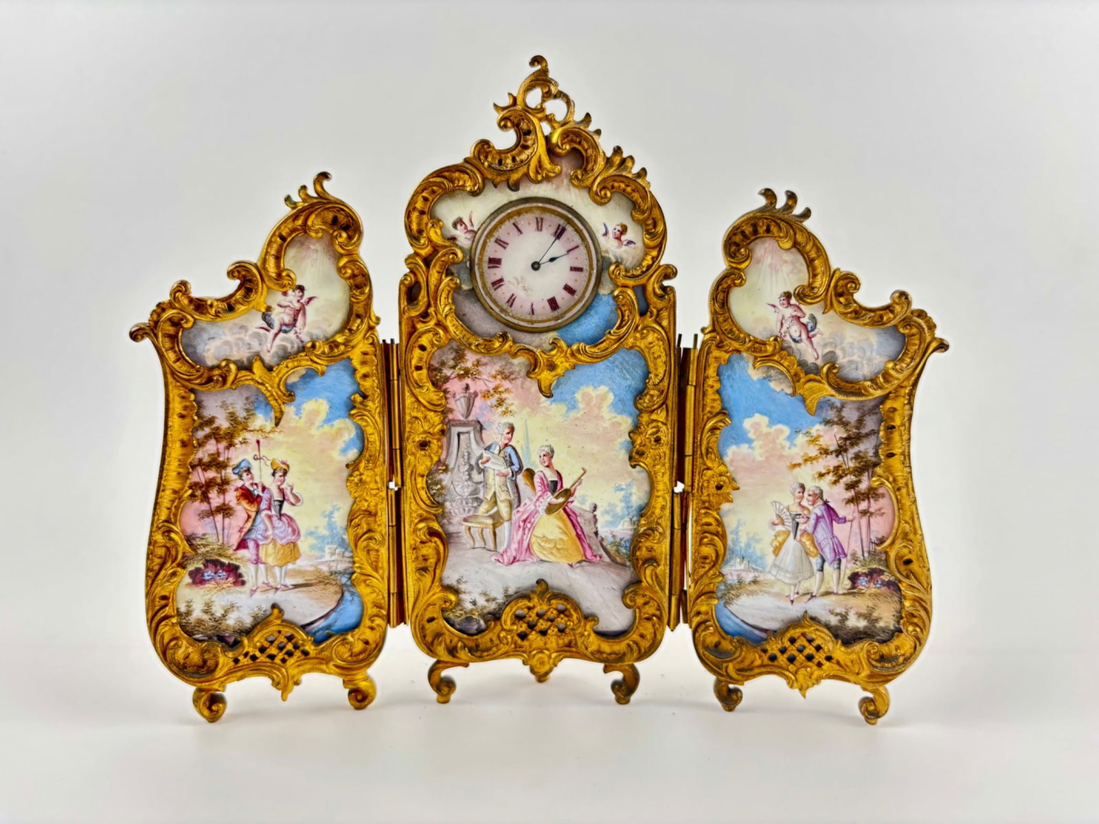 Viennese Miniature Enamel Triptych Clock with Gilt Frame (1 of 8)