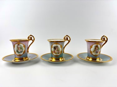 12 Gilded Porcelain Portrait Tea Cups and Saucers (Dresden)