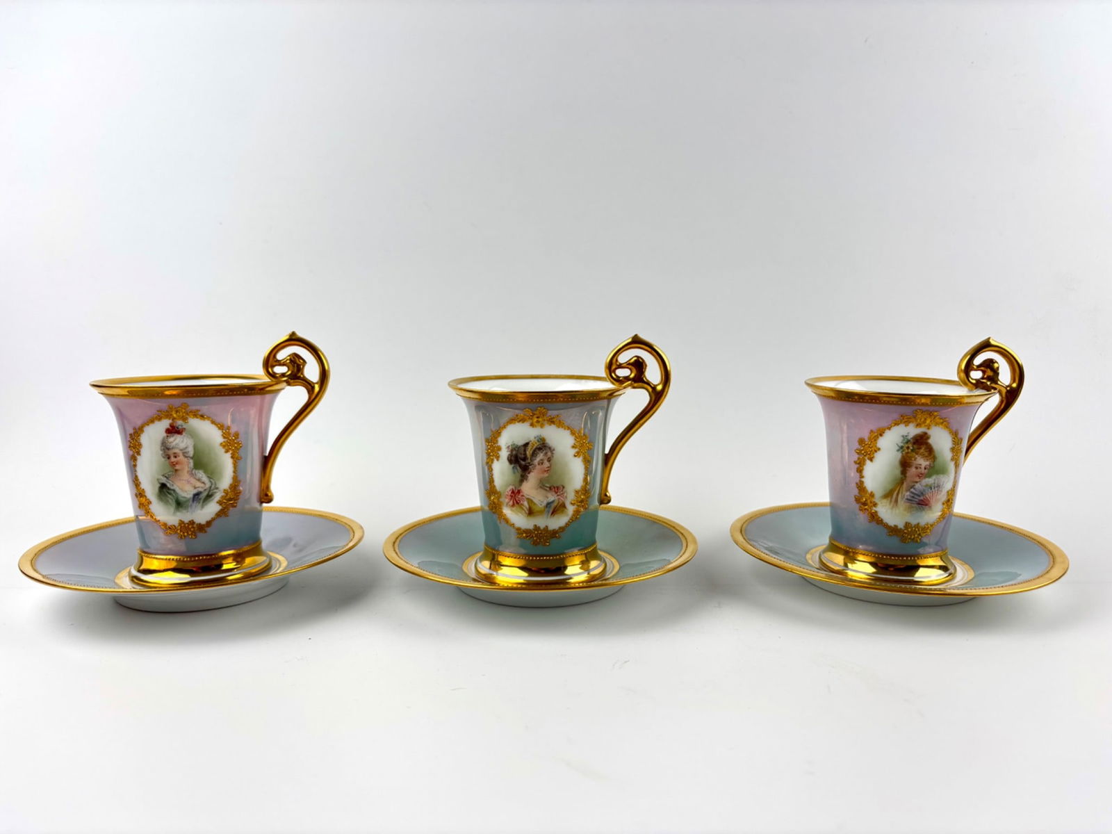 12 Gilded Porcelain Portrait Tea Cups and Saucers (Dresden) (1 of 16)