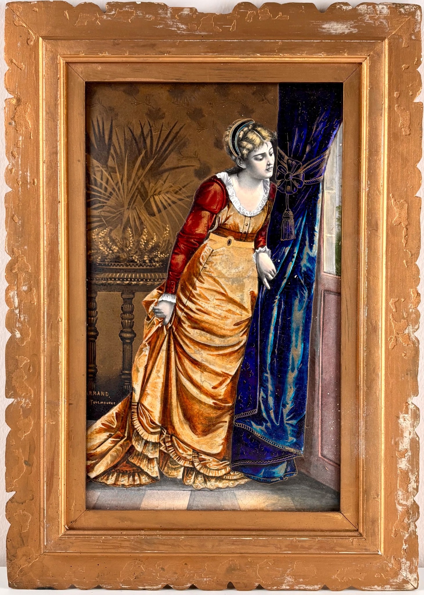 “Young Woman by a Window” Porcelain Tile by Armand After Auguste Toulmouche : Hand-painted enamel on porcelain tile titled “Young Woman by a Window” by Armand, after Auguste Toulmouche. The depiction features a finely detailed young woman in period attire leaning by