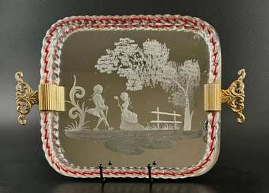 Reverse Etched Murano Glass Tray with Decorative Handles