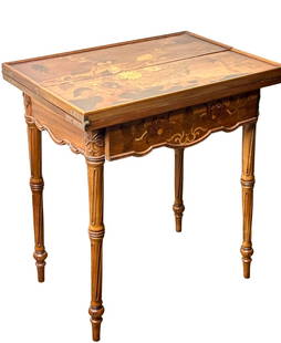 Emile Gallé Marquetry Folding Card Table: Marquetry card table by Emile Gallé, crafted between 1880-1910, featuring intricate wood inlay work. The tabletop displays a botanical motif with fine detailing, alongside a signature by Gallé. The