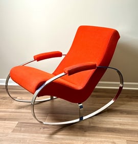 Milo Baughman Rocking LoungChair with Chrome Frame and Orange Upholstery