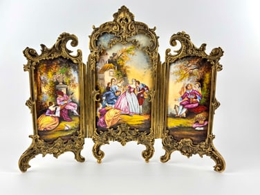 19th-Century Viennese Hand-Painted Gilt Tri-Fold Table Screen